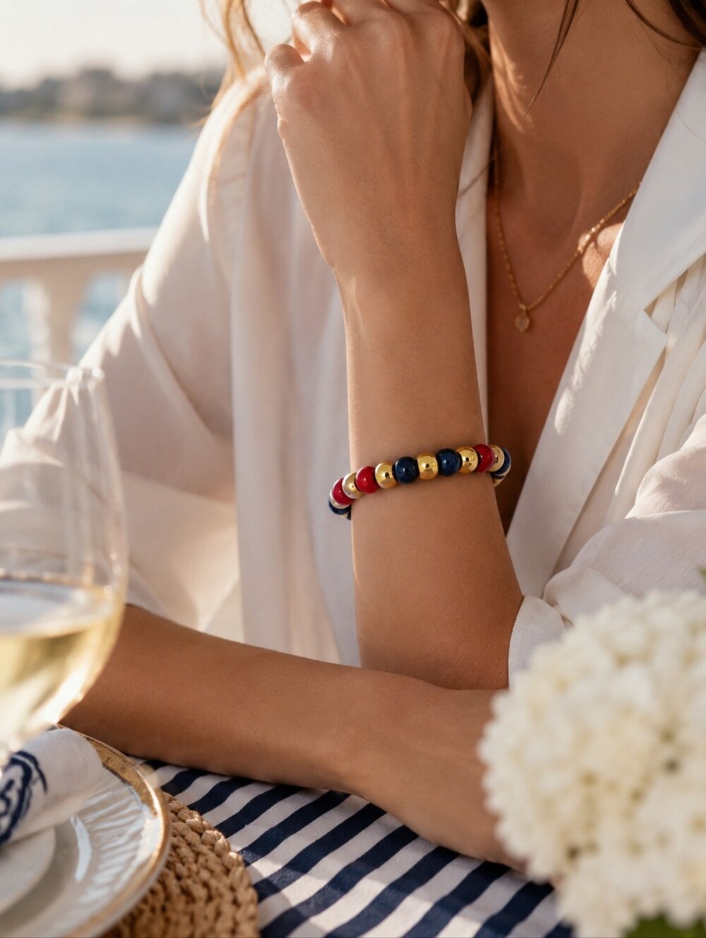 NWT Tuckernuck Claret Beaded Bradley Bracelet Nautical Red Navy Gold Americana